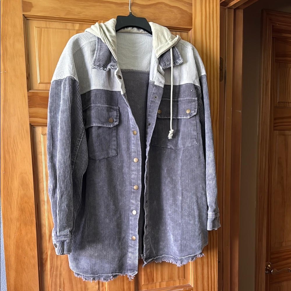 Two-Tone Corduroy Button-Up Hooded Jacket